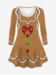 Plus Size Christmas Gingerbread Man Bowknot Buttons Candy 3D Print Long Sleeve T-shirt -  