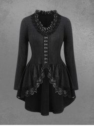 Gothic Crack Textured Floral Lace Trim Hook and Eye Ruffles Asymmetric High Low Long Sleeves Coat -  
