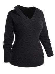 Plus Size Cut Out Solid Color V Neck Drop Shoulder Sweater -  