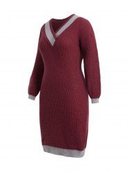 Plus Size Colorblock V Neck Mini Sweater Dress -  