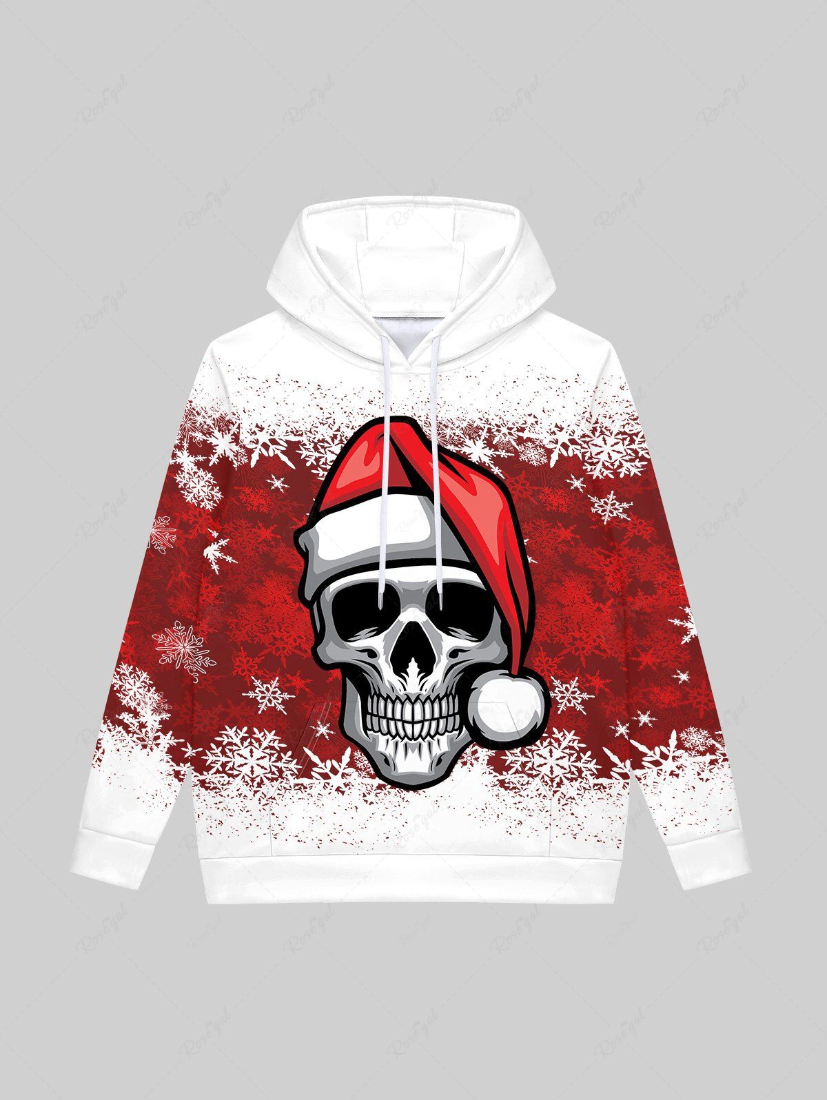 Latest Gothic Christmas Hat Skull Snowflake Colorblock Print Fleece Lining Drawstring Hoodie For Men  