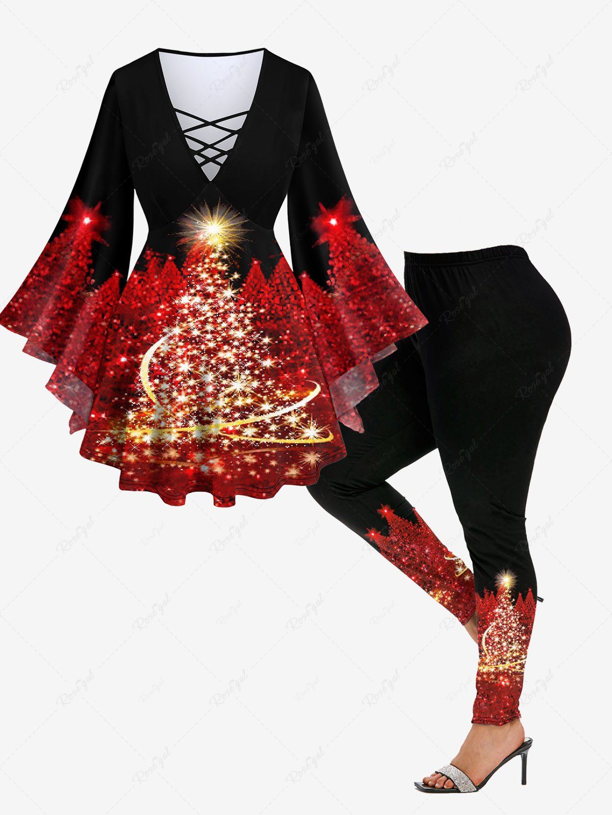 Ensemble de T-shirt Sapin de Noël Brillant Imprimé en Treillis de Grande Taille à Paillettes Rouge foncé 