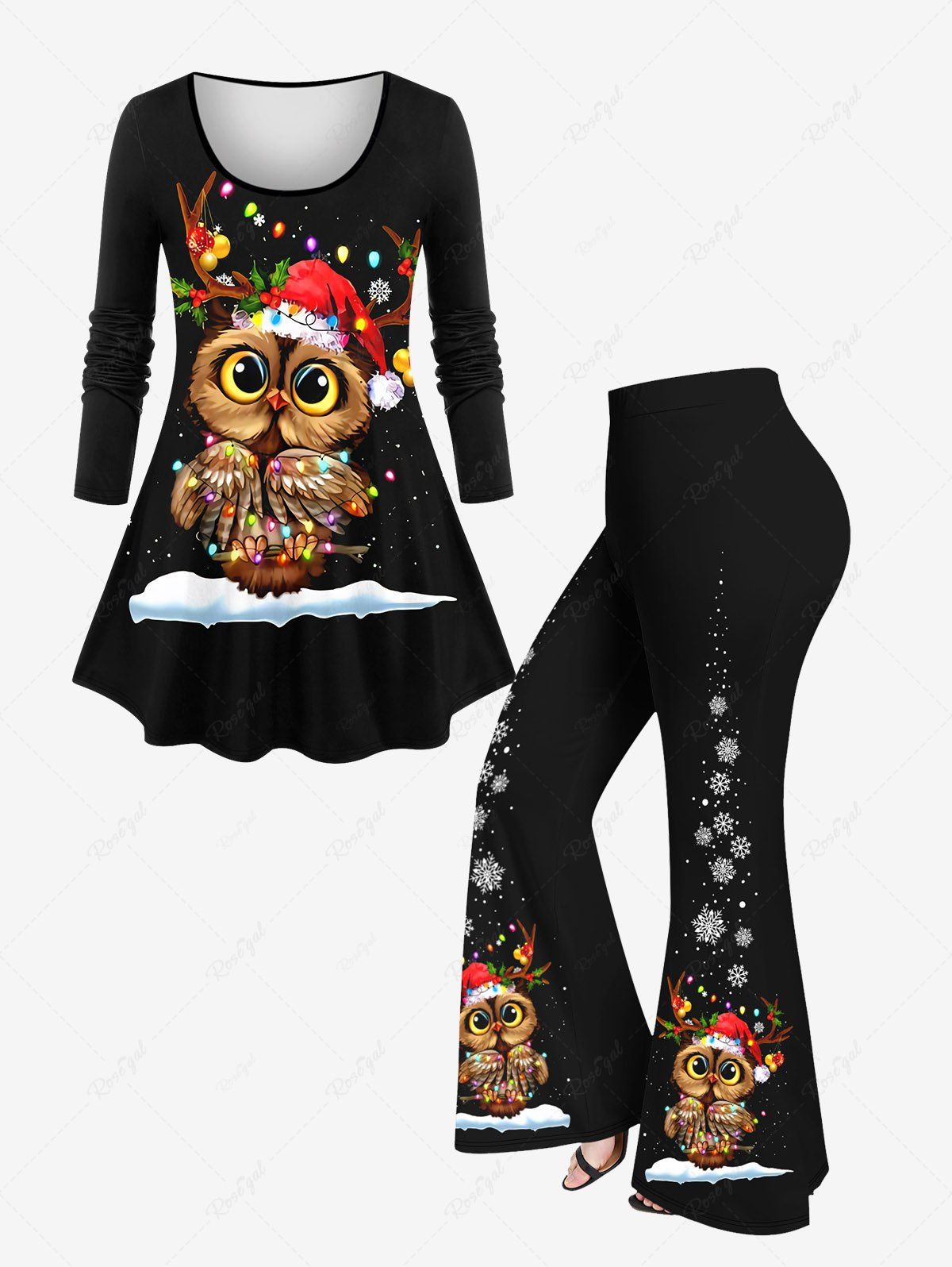 Online Christmas Hat Light Owl Snow Printed Long Sleeves T-shirt and Flare Pants Plus Size Matching Set  
