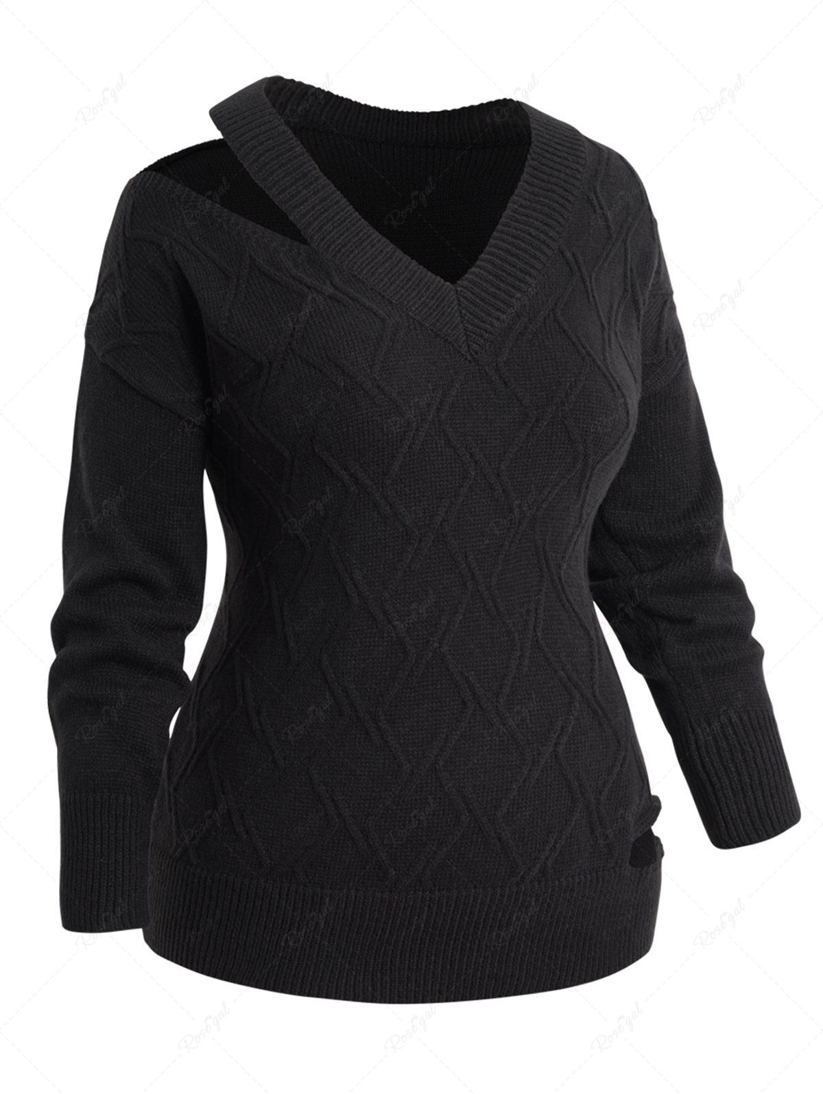 Best Plus Size Cut Out Solid Color V Neck Drop Shoulder Sweater  