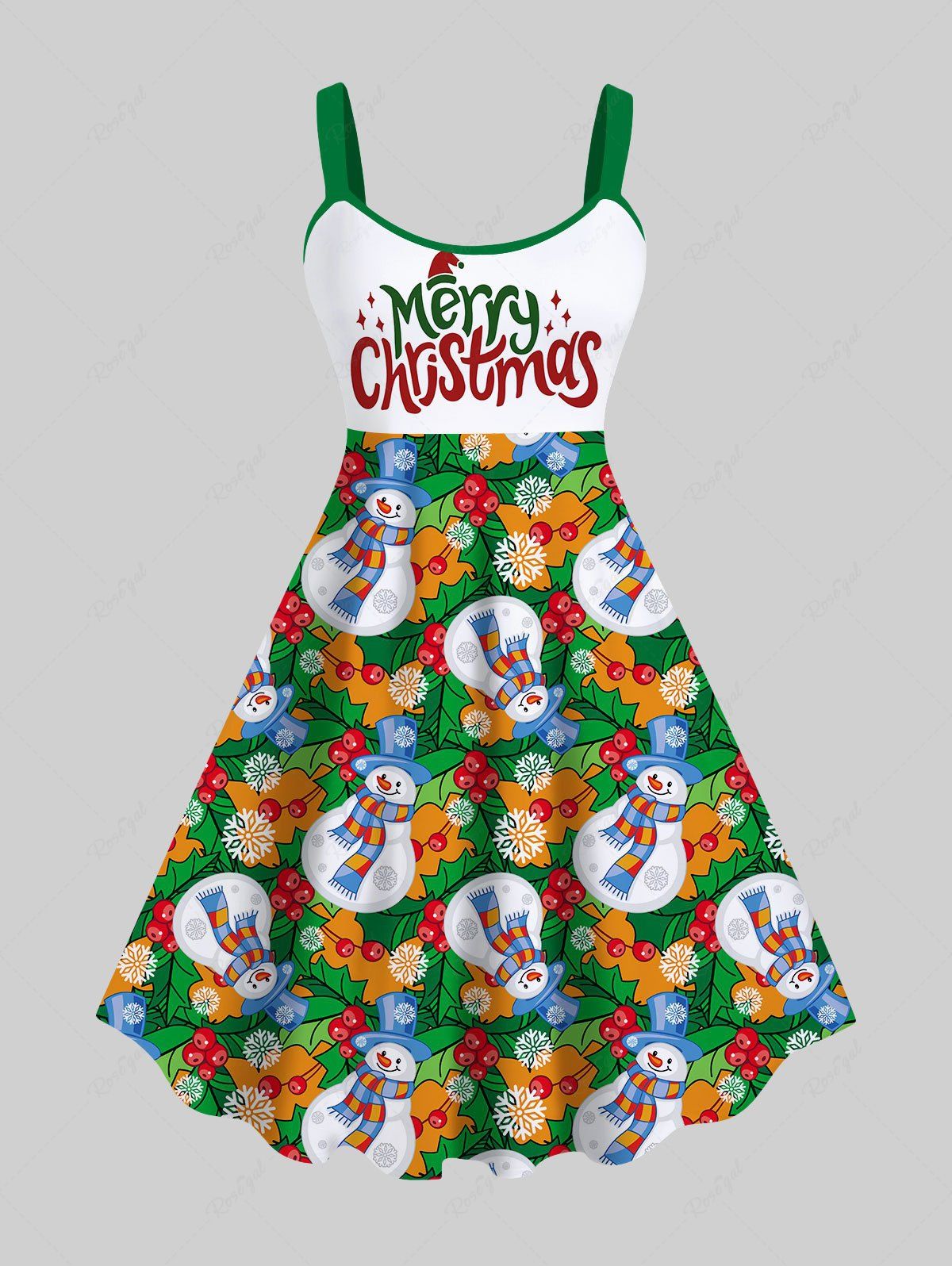 Unique Plus Size Colorful Snowman Snowflake Letters Cherry Colorblock Print Christmas A Line Tank Dress  