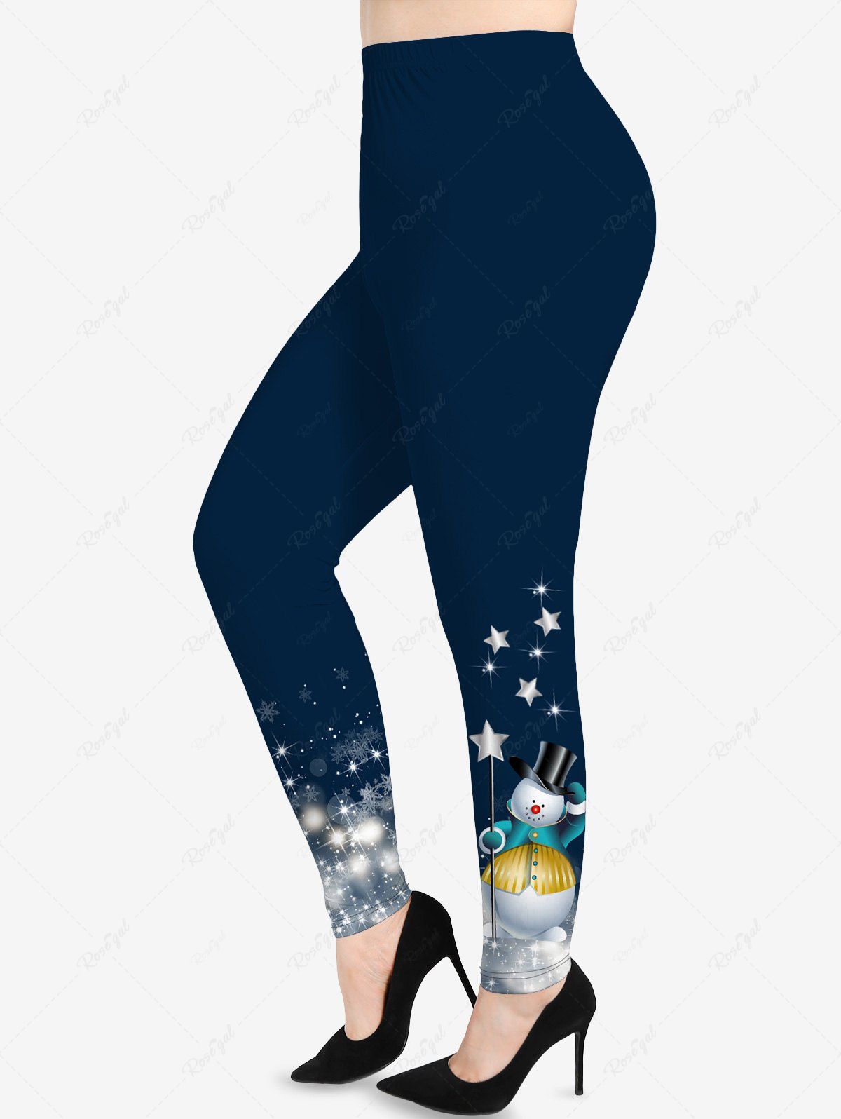 Legging 3D Etoile Flocon de Neige et Bonhomme de Neige de Noël Imprimé de Grande Taille à Paillettes Bleu profond 6X