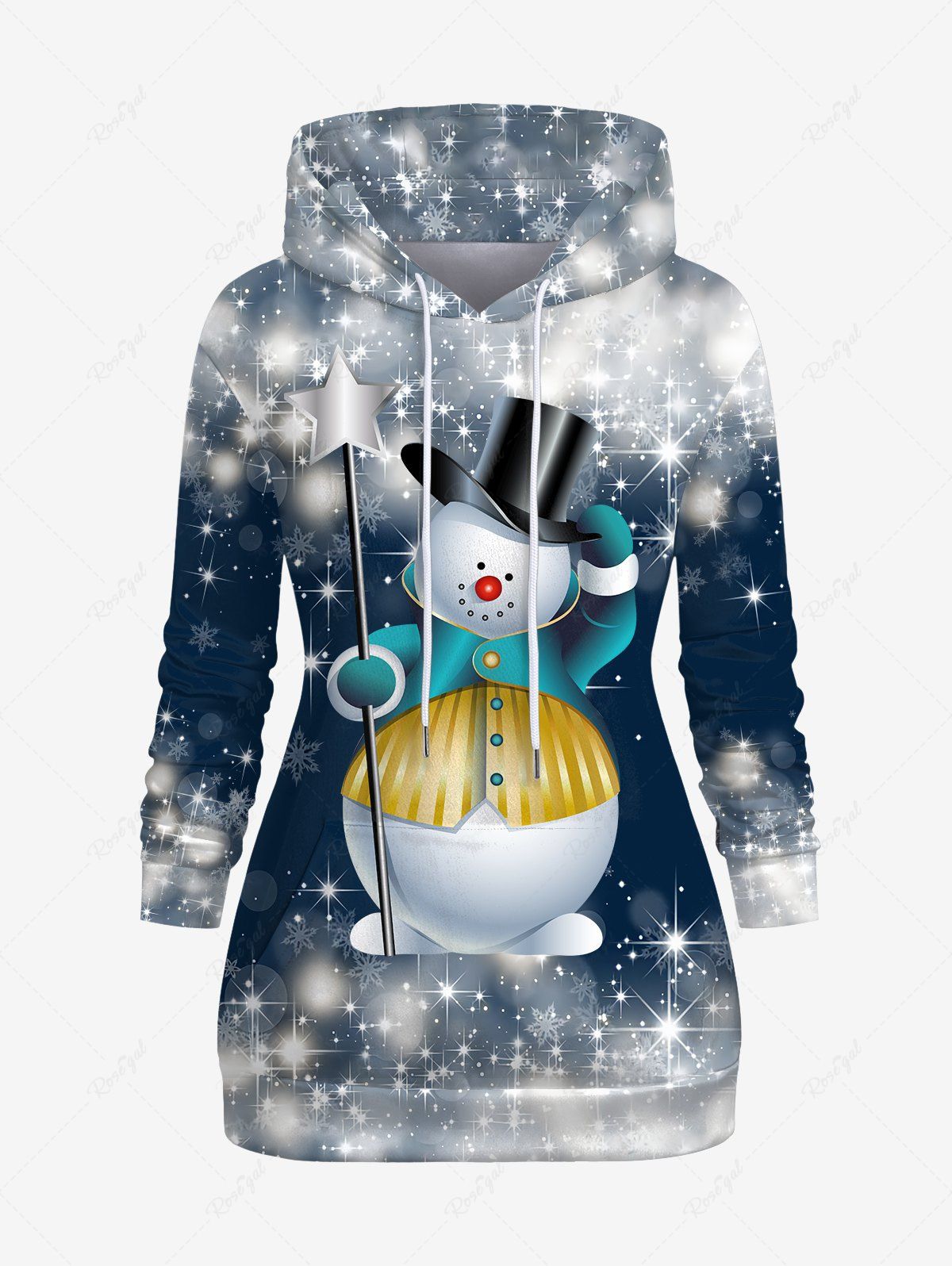 Hot Plus Size Christmas Snowman Snowflake Star Glitter 3D Print Pockets Drawstring Hoodie  