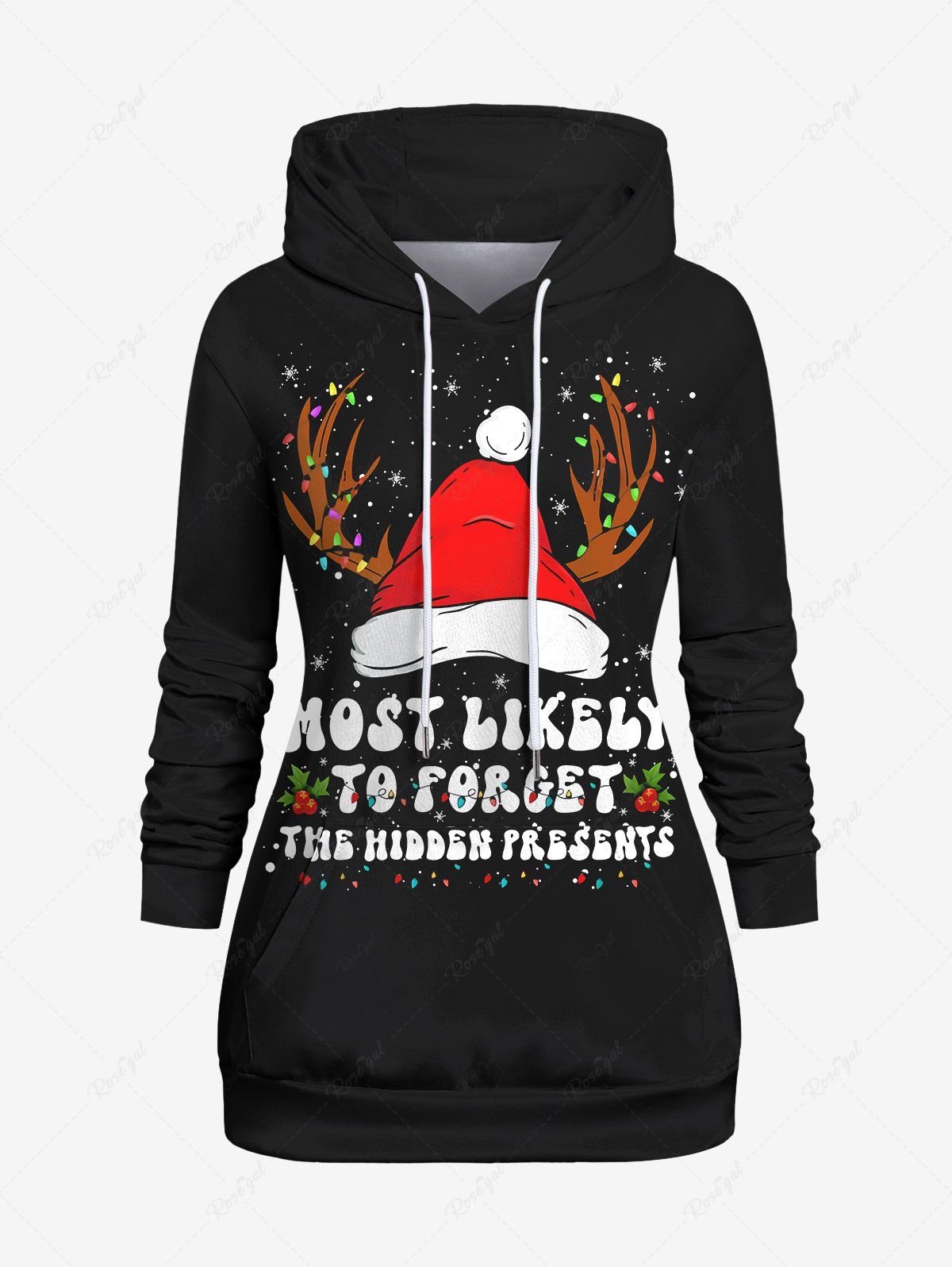 Best Plus Size Colorful Christmas Hat Elk Snowflake Letters Print Pocket Drawstring Pullover Long Sleeves Hoodie  