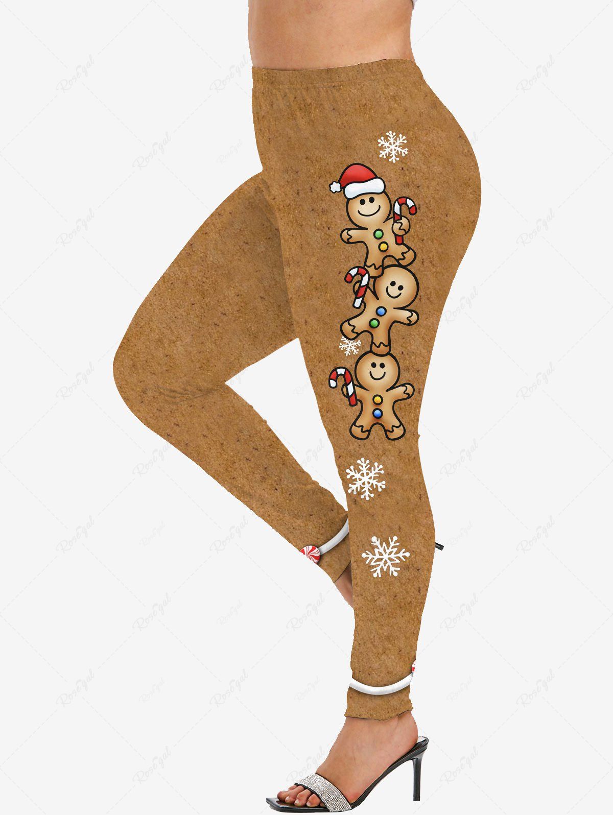 Legging Imprimé Bonhomme de Neige Au Chapeau et Bonbon de Noël Grande Taille café lumière 6X