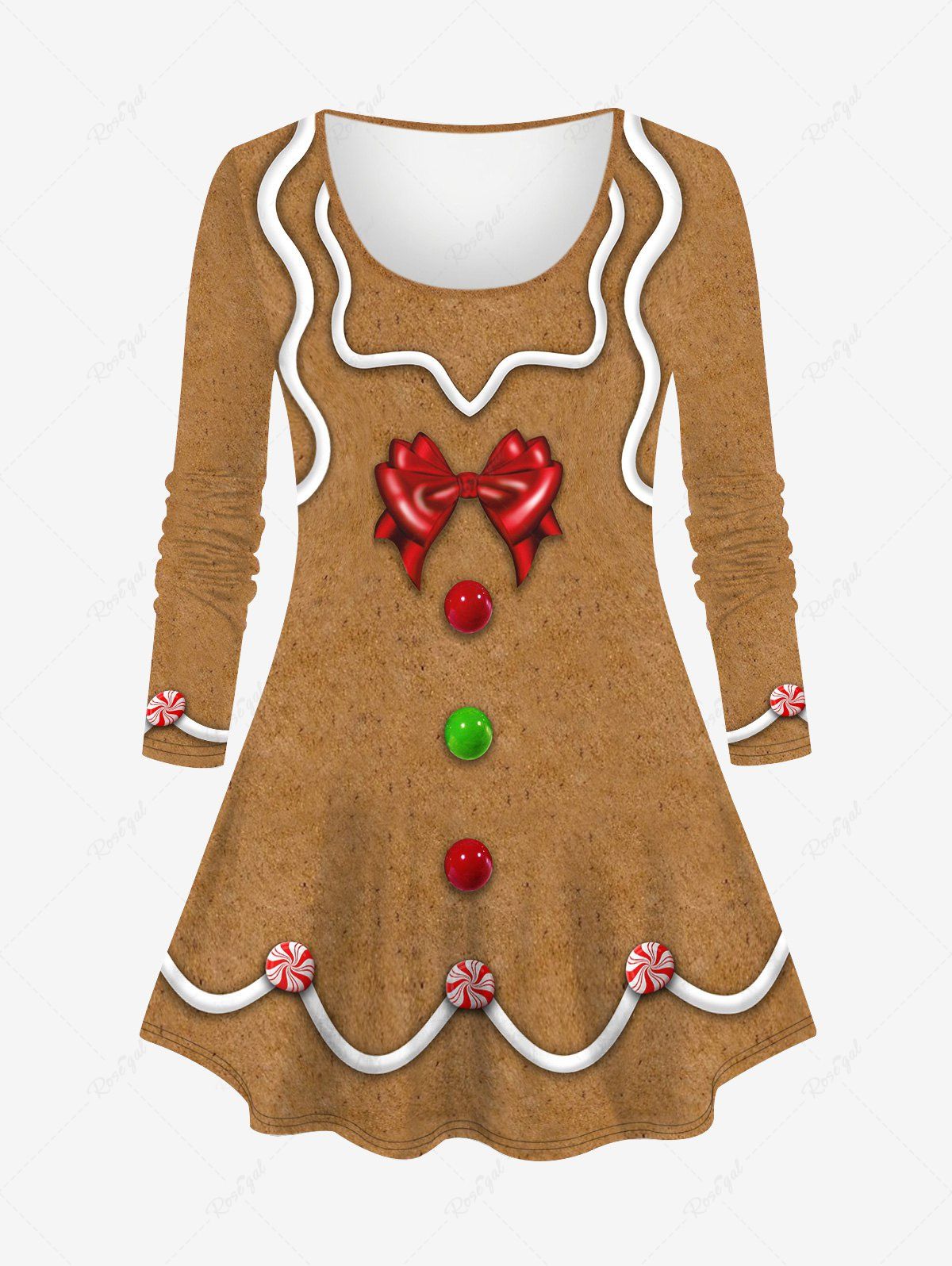 Fashion Plus Size Christmas Gingerbread Man Bowknot Buttons Candy 3D Print Long Sleeve T-shirt  