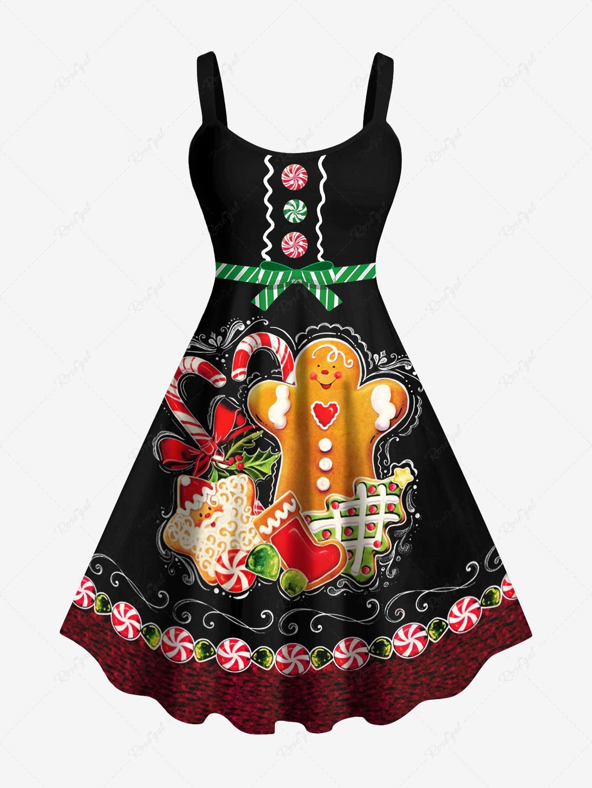 Sale Plus Size Christmas Tree Star Gingerbread Man Candy Ribbons Print Tank Dress  