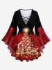 Ensemble de T-shirt Sapin de Noël Brillant Imprimé en Treillis de Grande Taille à Paillettes - Rouge foncé 