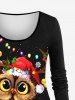 Christmas Hat Light Owl Snow Printed Long Sleeves T-shirt and Flare Pants Plus Size Matching Set -  