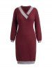 Plus Size Colorblock V Neck Mini Sweater Dress -  