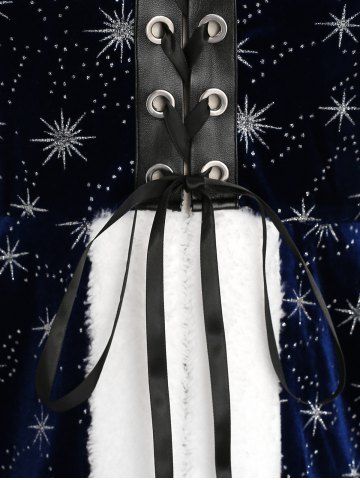 Lace Up Fur Trim Silver Stamping Velvet Coat and  Christmas Tree Shaped Star Snowflake Colorblock Printed Flare Pants Plus Size Outfit