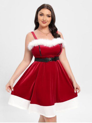Plus Size Fuzzy Trim Bowknot Buckle Belt Two Tone Velvet Christmas Tank Dess