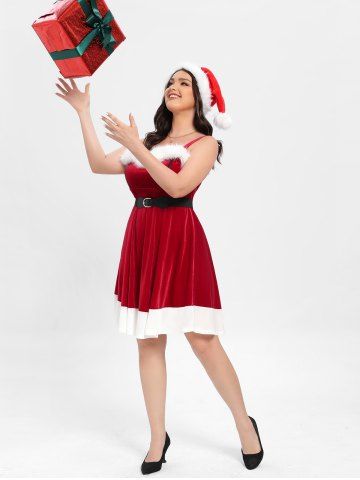 Plus Size Fuzzy Trim Bowknot Buckle Belt Two Tone Velvet Christmas Tank Dess