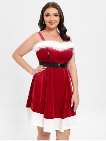 Plus Size Fuzzy Trim Bowknot Buckle Belt Two Tone Velvet Christmas Tank Dess
