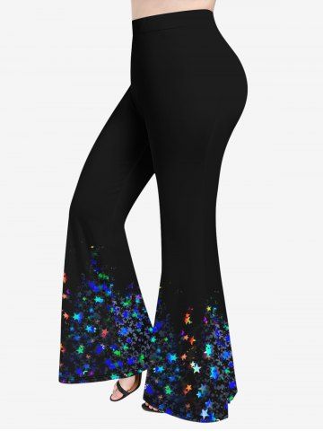 Plus Size Glitter Colorful Star Floral Print Ombre Pull On Flare Pants - MULTI-A - L