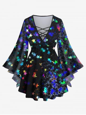 Plus Size Glitter Colorful Stars Bowknot Print Flare Sleeves Ombre Lattice Top - MULTI-A - M