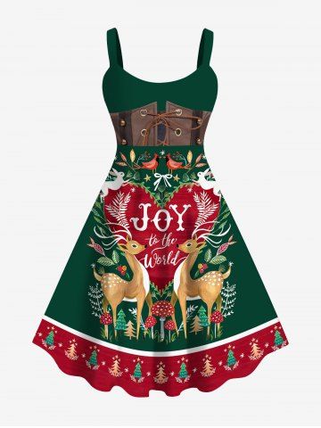 Plus Size Christmas Tree Elk Mushroon Birds Rabbit Heart Corset Belt Lace Up 3D Print Tank Dress - DEEP GREEN - XS