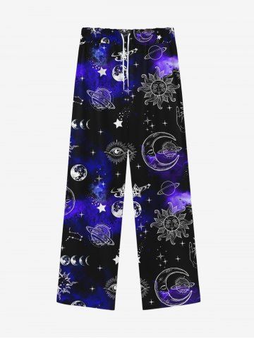 Gothic Galaxy Tie Dye Sun Moon Stars Print Drawstring Wide Leg Sweatpants For Men - BLACK - L