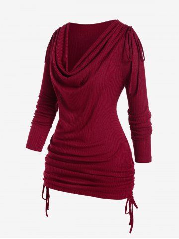 Plus Size Cowl Neck Rib-knit Cinched Ruched Top - DEEP RED - 1X | US 14-16