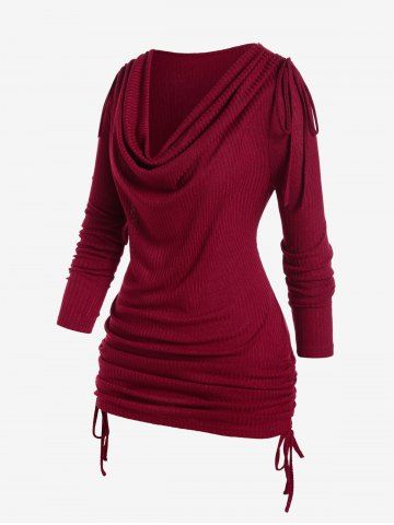 Plus Size Cowl Neck Rib-knit Cinched Ruched Top - DEEP RED - 2X | US 18-20