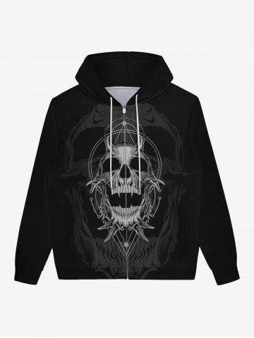 Gothic Skeleton Skull Geometric Graphic Print Zip Up Pockets Hoodie For Men - BLACK - 3XL