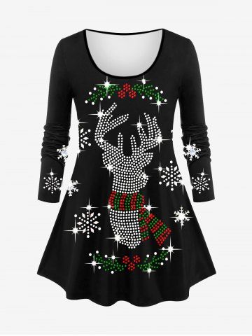 T-shirt Brillant Flocon de Neige et Cerf de Noël Imprimés de Grande Taille à Manches Longues - BLACK - M