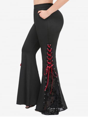 Plus Size Floral Lace Panel Flocking Lace-up Grommet Pockets Patchwork Pull On Flare Pants - BLACK - M | US 10