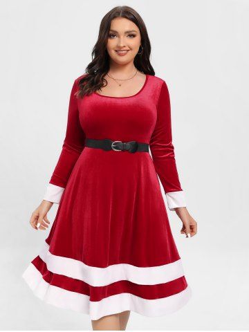 Plus Size Christmas Velvet Contrast Trim Vintage Dress with Buckled Belt