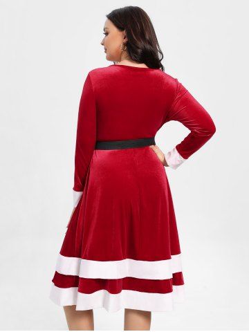 Plus Size Christmas Velvet Contrast Trim Vintage Dress with Buckled Belt