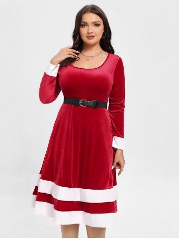 Plus Size Christmas Velvet Contrast Trim Vintage Dress with Buckled Belt