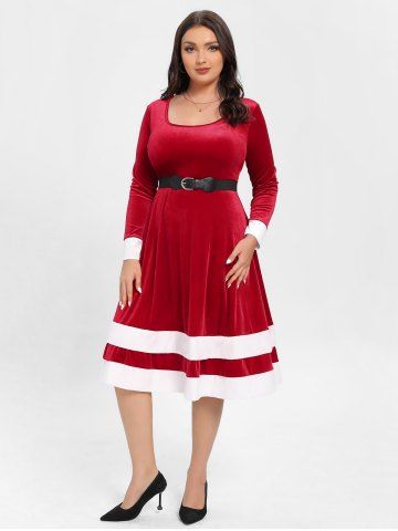 Plus Size Christmas Velvet Contrast Trim Vintage Dress with Buckled Belt
