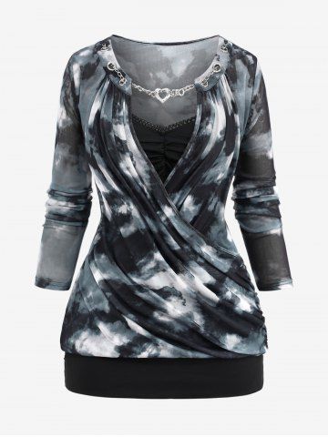 Plus Size  Ink Painting Print Chain Panel Ruched Lace Trim Surplice T-shirt - BLACK - M | US 10