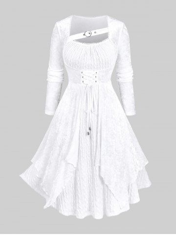 Plus Size Grommets Lace-up Asymmetrical Velvet Layered Lace Trim Cable Knit Textured Sweater Dress