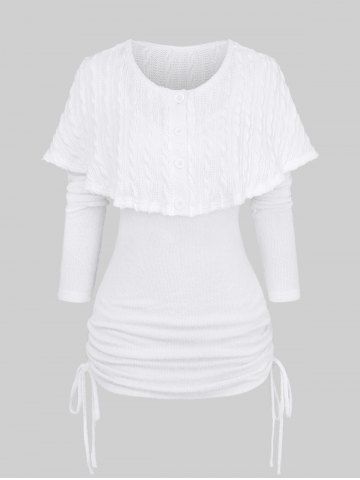 Plus Size Cable Knit Textured Buttons Shawl and Ruched Cinched Sweater Set - WHITE - L | US 12