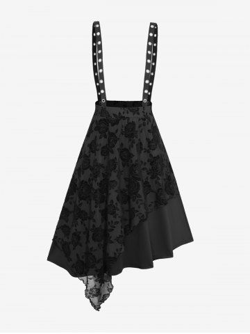 Plus Size Rose Flower Mesh Flocking Layered Grommet Asymmetric A Line Suspender Skirt - BLACK - M | US 10