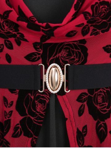 Plus Size Cowl Neck Rose Flower Mesh Flocking Layered Ruched Grommet Belted 2 in 1 Bell Sleeve Top