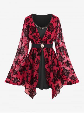 Plus Size Cowl Neck Rose Flower Mesh Flocking Layered Ruched Grommet Belted 2 in 1 Bell Sleeve Top - DEEP RED - M | US 10