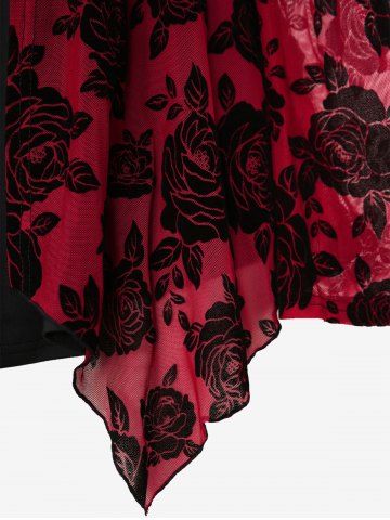 Plus Size Cowl Neck Rose Flower Mesh Flocking Layered Ruched Grommet Belted 2 in 1 Bell Sleeve Top