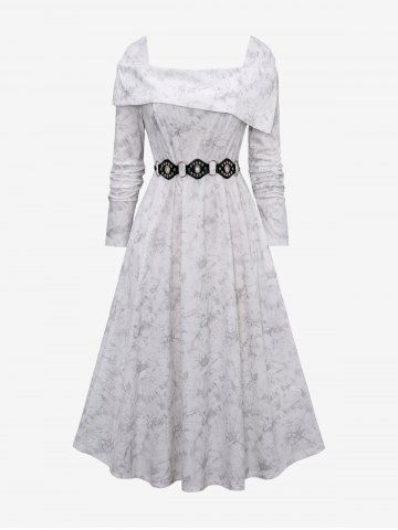 Plus Size Turn Down Shawl Neck Rivet Belted Pocket Velvet A Line Midi Casual Dress - WHITE - L | US 12