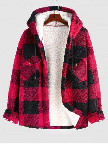 Men's Checkerboard Plaid Pattern Winter Warmth Fluffy Faux Fur Hooded Jacket - RED - M