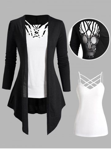 Skull Hollow Out Pointed Hem Top And Lattice Basic Camisole Set - BLACK - XXL