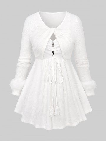 Plus Size Ruched Chain Panel Braided Rope Tassel Tied Fuzzy Trim Sleeve Sweater - WHITE - M | US 10