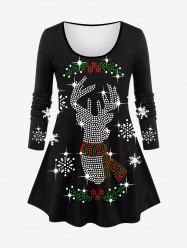 T-shirt Brillant Flocon de Neige et Cerf de Noël Imprimés de Grande Taille à Manches Longues - Noir L