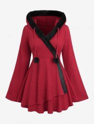 Plus Size Fur Trim Panel Fluffy Ball Drawstring Textured Asymmetric Long Sleeve Hooded Knit Sweater -  