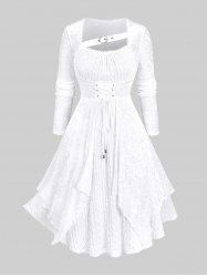 Plus Size Grommets Lace-up Asymmetrical Velvet Layered Lace Trim Cable Knit Textured Sweater Dress -  