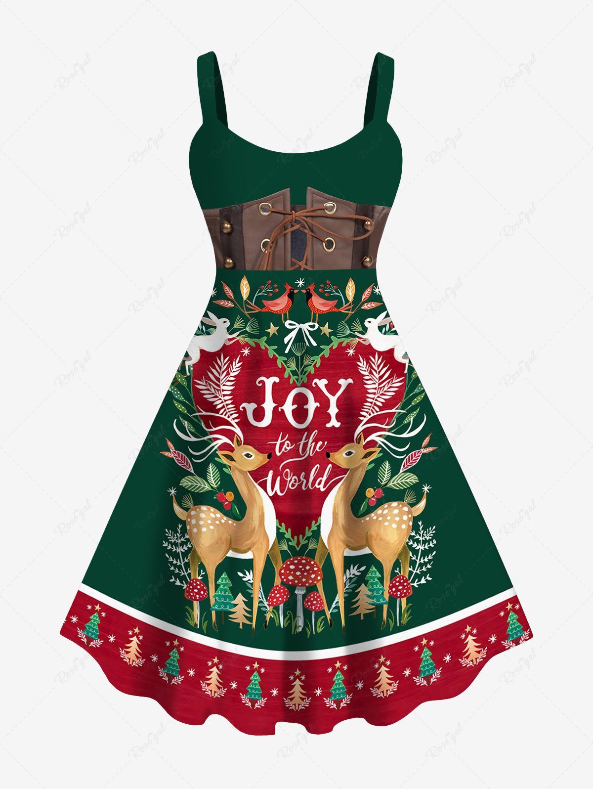 Sale Plus Size Christmas Tree Elk Mushroon Birds Rabbit Heart Corset Belt Lace Up 3D Print Tank Dress  